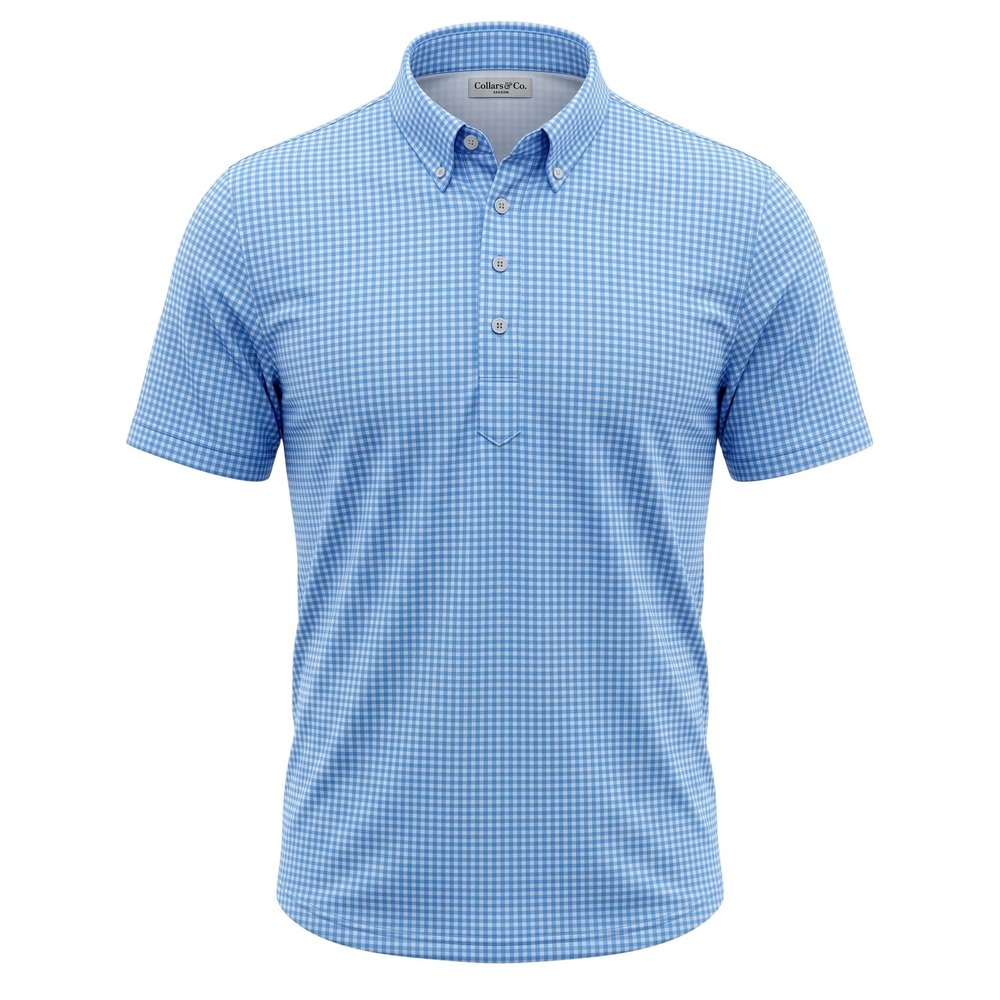 Collars & Co Dress Collar Polo Mens Medium Blue Gingham Performance Short Sleeve